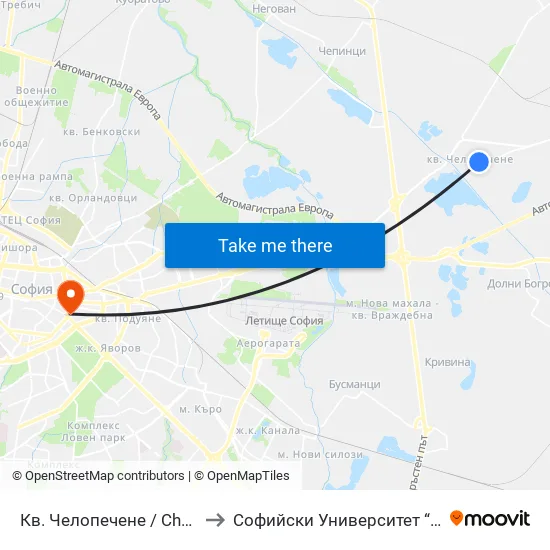 Кв. Челопечене / Chelopechene Qr. (1560) to Софийски Университет “Св. Климент Охридски"" map
