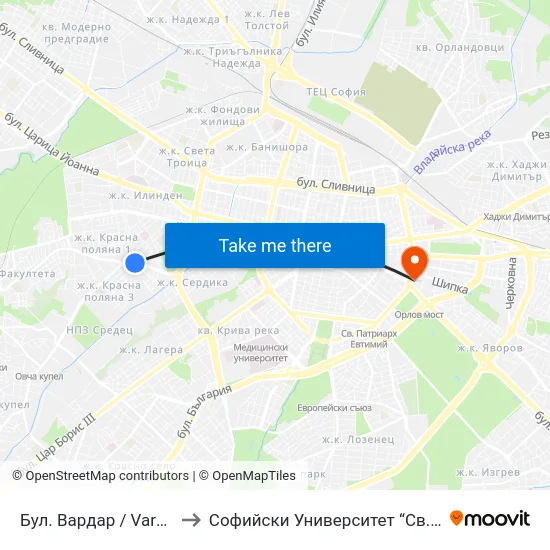 Бул. Вардар / Vardar Blvd. (0294) to Софийски Университет “Св. Климент Охридски"" map