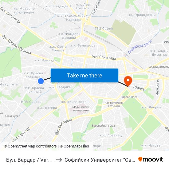 Бул. Вардар / Vardar Blvd. (0295) to Софийски Университет “Св. Климент Охридски"" map