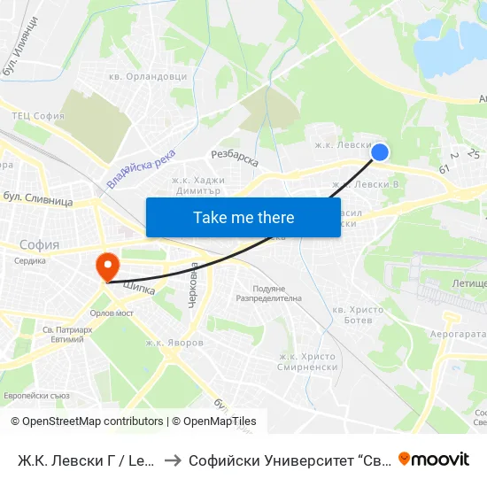 Ж.К. Левски Г / Levski G Qr (0646) to Софийски Университет “Св. Климент Охридски"" map