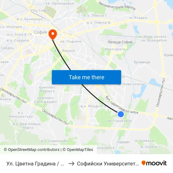 Ул. Цветна Градина / Tsvetna Gradina St. (2555) to Софийски Университет “Св. Климент Охридски"" map