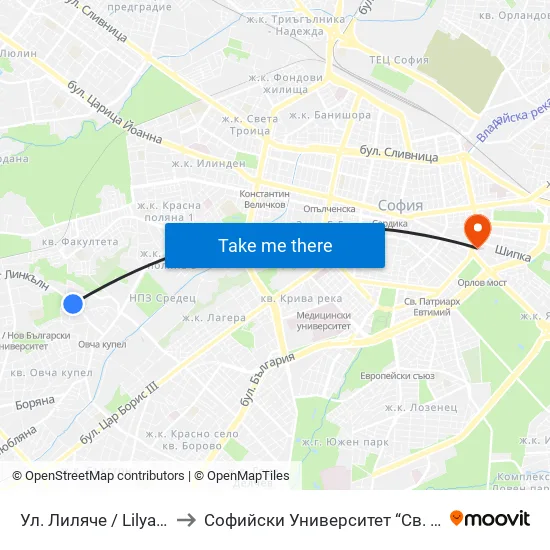 Ул. Лиляче / Lilyache St. (2029) to Софийски Университет “Св. Климент Охридски"" map