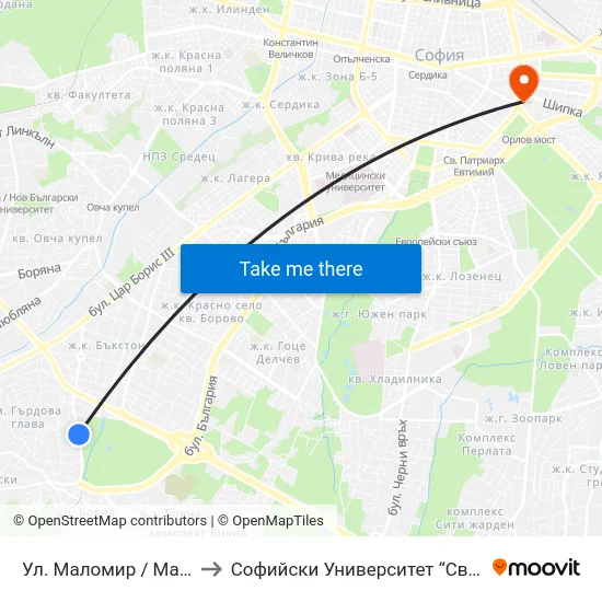 Ул. Маломир / Malomir St. (2044) to Софийски Университет “Св. Климент Охридски"" map