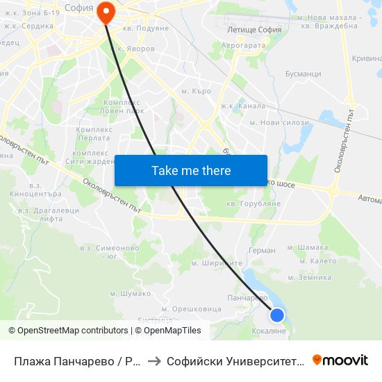 Плажа Панчарево / Pancharevo Beach (1335) to Софийски Университет “Св. Климент Охридски"" map