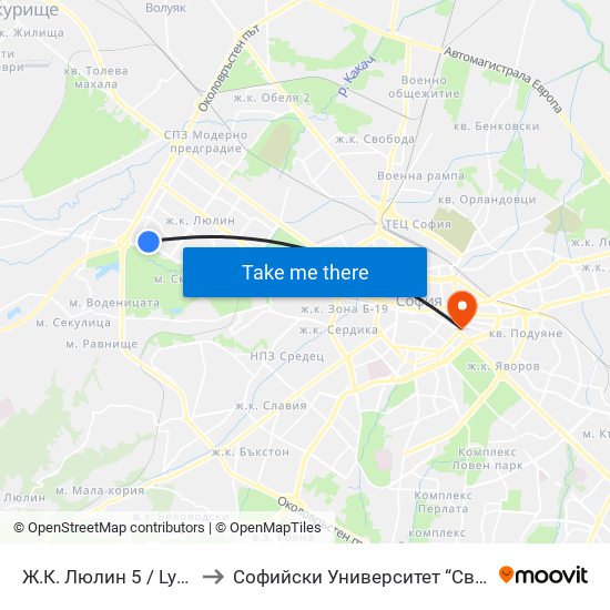 Ж.К. Люлин 5 / Lyulin 5 Qr. (0656) to Софийски Университет “Св. Климент Охридски"" map