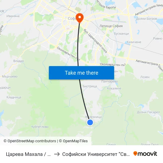 Царева Махала / Tsareva Mahala to Софийски Университет “Св. Климент Охридски"" map