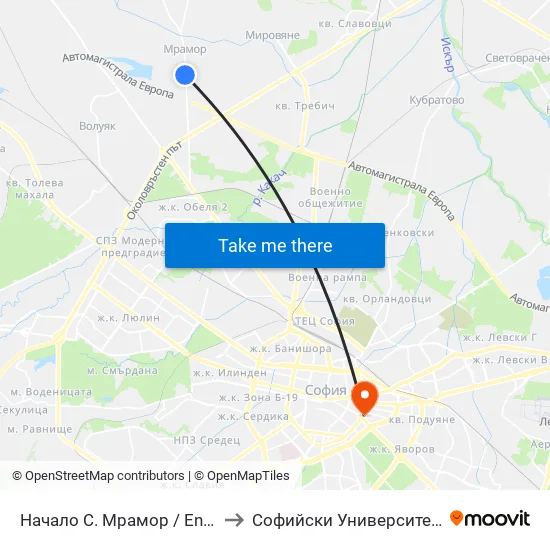 Начало С. Мрамор / Entry To Mramor Village (1675) to Софийски Университет “Св. Климент Охридски"" map