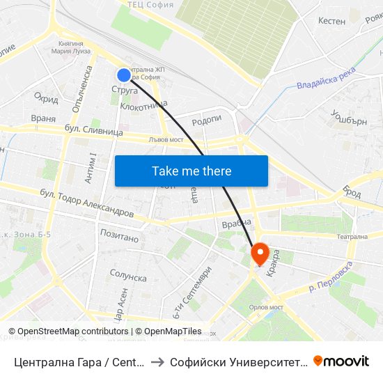 Централна Гара / Central Railway Station (1328) to Софийски Университет “Св. Климент Охридски"" map