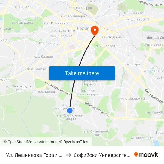 Ул. Лешникова Гора / Leshnikova Gora St. (2026) to Софийски Университет “Св. Климент Охридски"" map