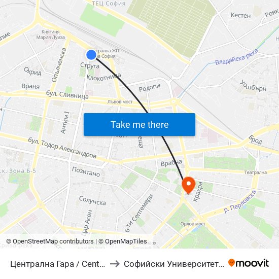 Централна Гара / Central Railway Station (1330) to Софийски Университет “Св. Климент Охридски"" map