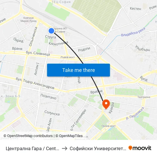 Ⓜ️ Централна Гара / Central Railway Station (1330) to Софийски Университет “Св. Климент Охридски"" map