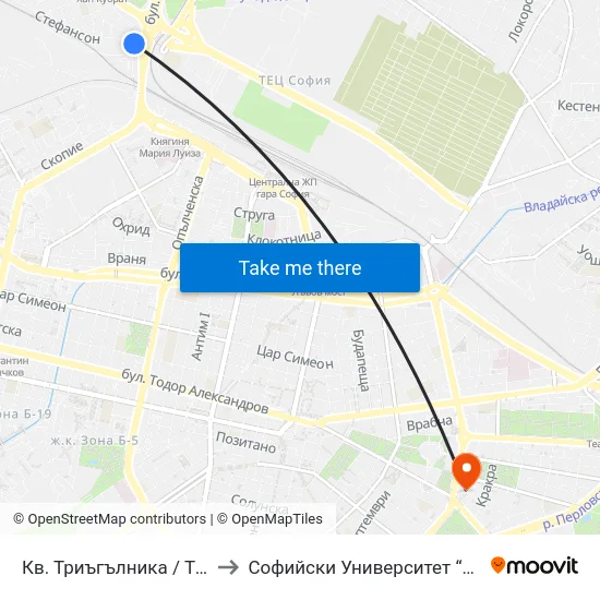 Кв. Триъгълника / Triagalnika Qr. (1776) to Софийски Университет “Св. Климент Охридски"" map