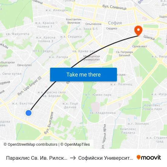 Параклис Св. Ив. Рилски / St. Ivan Rilski Chapel (1246) to Софийски Университет “Св. Климент Охридски"" map