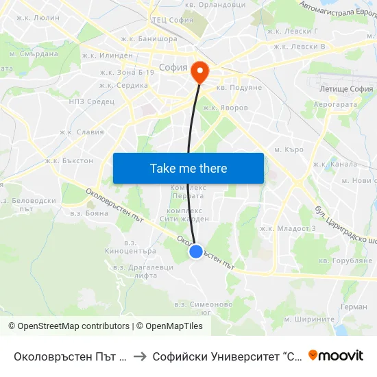 Околовръстен Път / Ring Road (1172) to Софийски Университет “Св. Климент Охридски"" map