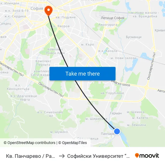 Кв. Панчарево / Pancharevo Qr. (1244) to Софийски Университет “Св. Климент Охридски"" map