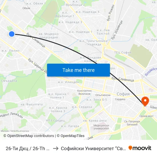 26-Ти Дкц / 26-Th Polyclinic (0020) to Софийски Университет “Св. Климент Охридски"" map