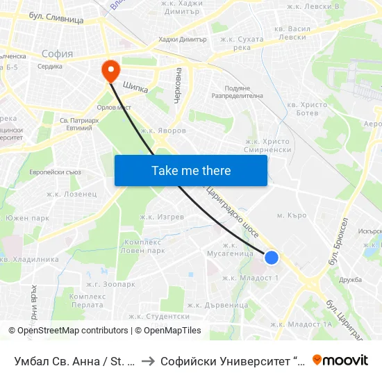 Умбал Св. Анна / St. Anna Hospital (1195) to Софийски Университет “Св. Климент Охридски"" map