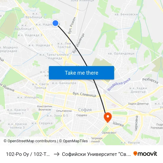 102-Ро Оу / 102-Th School (0002) to Софийски Университет “Св. Климент Охридски"" map
