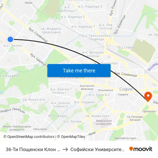 36-Ти Пощенски Клон / 36-Th Post Office (0030) to Софийски Университет “Св. Климент Охридски"" map