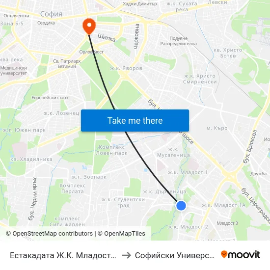 Естакадата Ж.К. Младост 2 / Mladost 2 Qr. Overhead Road (2807) to Софийски Университет “Св. Климент Охридски"" map