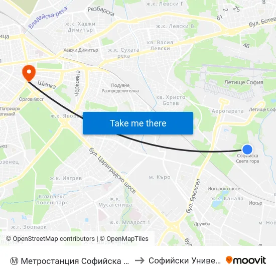 Ⓜ️ Метростанция Софийска Света Гора / Sofiyska Sveta Gora Metro Station (2741) to Софийски Университет “Св. Климент Охридски"" map