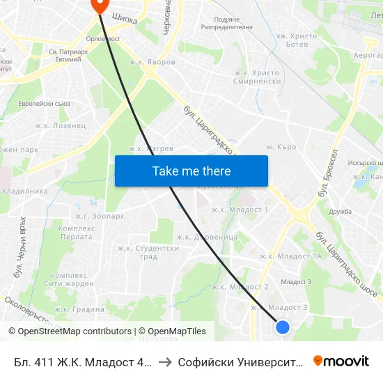 Бл. 411 Ж.К. Младост 4 / Bl. 411, Mladost 4 Qr. (0003) to Софийски Университет “Св. Климент Охридски"" map