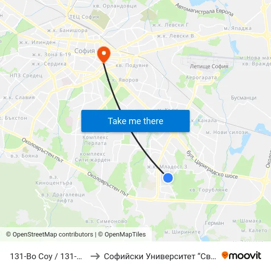 131-Во Соу / 131-St School (0008) to Софийски Университет “Св. Климент Охридски"" map
