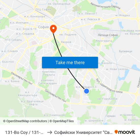 131-Во Соу / 131-St School (0009) to Софийски Университет “Св. Климент Охридски"" map