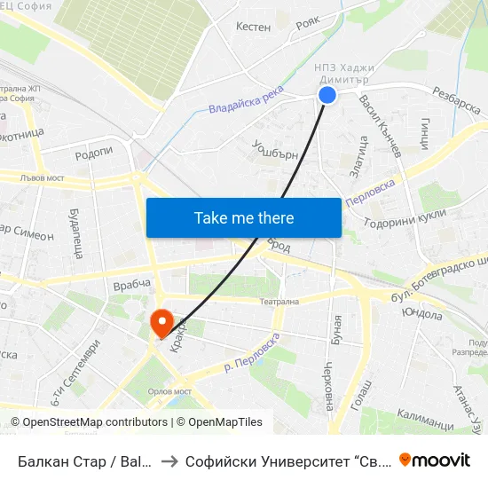 Балкан Стар / Balkan Star (1599) to Софийски Университет “Св. Климент Охридски"" map