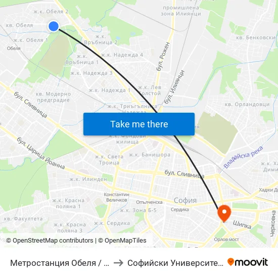 Ⓜ️ Метростанция Обеля / Obelya Metro Station (0060) to Софийски Университет “Св. Климент Охридски"" map