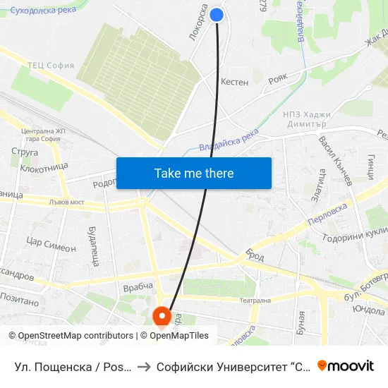Ул. Пощенска / Poshtenska St. (0045) to Софийски Университет “Св. Климент Охридски"" map
