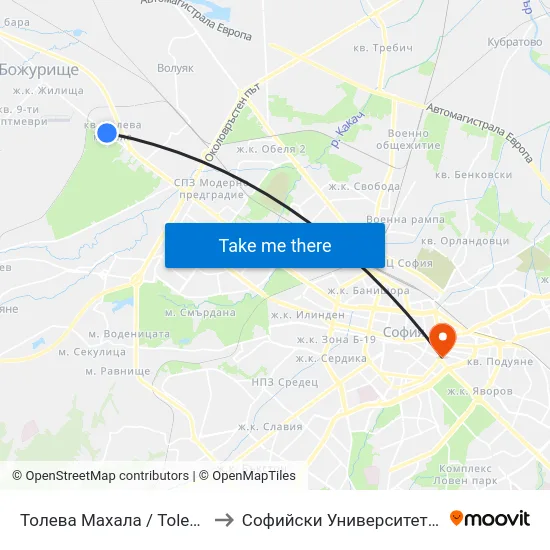Толева Махала / Toleva Neighbourhood (1758) to Софийски Университет “Св. Климент Охридски"" map