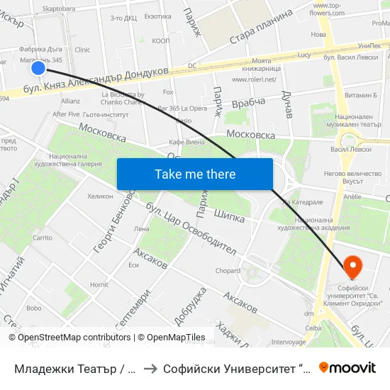 Младежки Театър / Youth Theatre (1073) to Софийски Университет “Св. Климент Охридски"" map