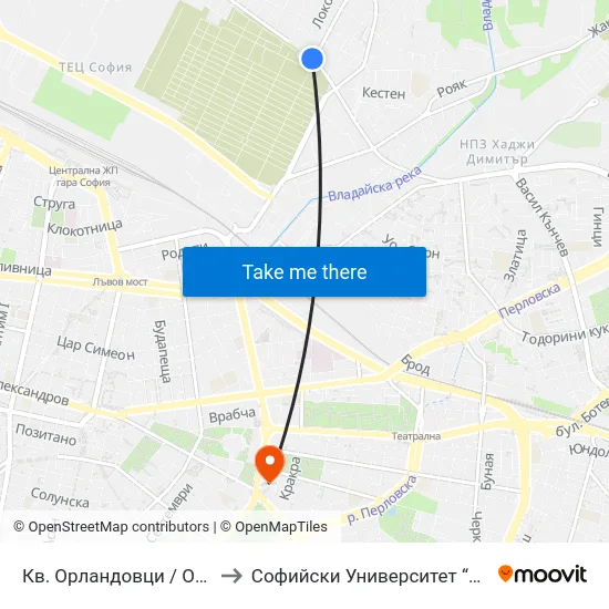 Кв. Орландовци / Orlandovtsi Qr. (0885) to Софийски Университет “Св. Климент Охридски"" map