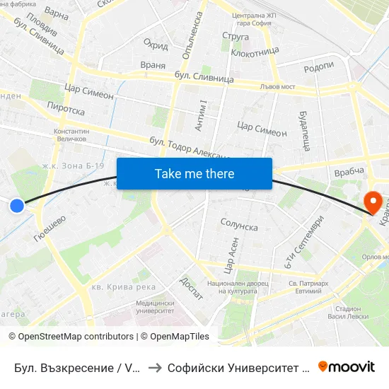 Бул. Възкресение / Vazkresenie Blvd. (0307) to Софийски Университет “Св. Климент Охридски"" map