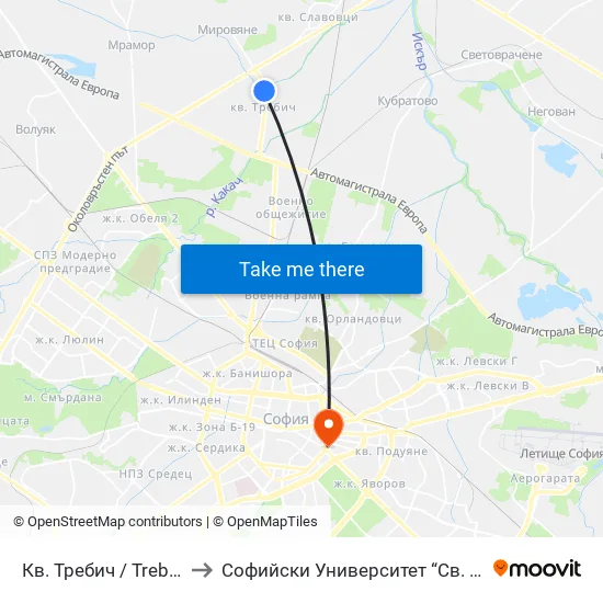 👋 Кв. Требич / Trebich Qr. (0905) to Софийски Университет “Св. Климент Охридски"" map