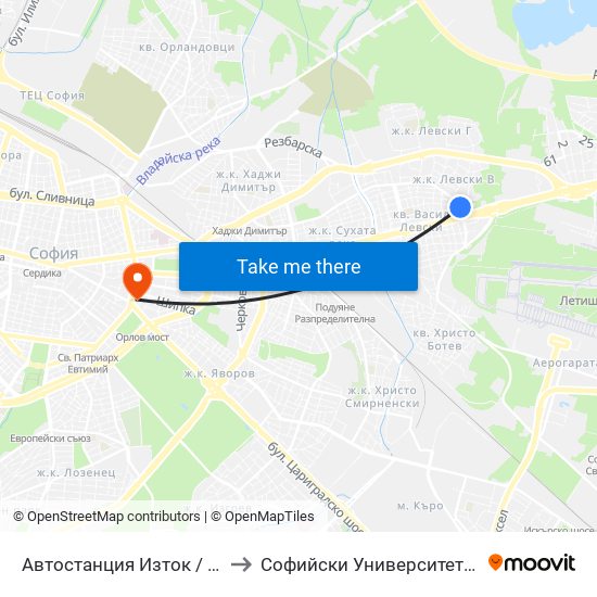 Автостанция Изток / Iztok Bus Station (2427) to Софийски Университет “Св. Климент Охридски"" map