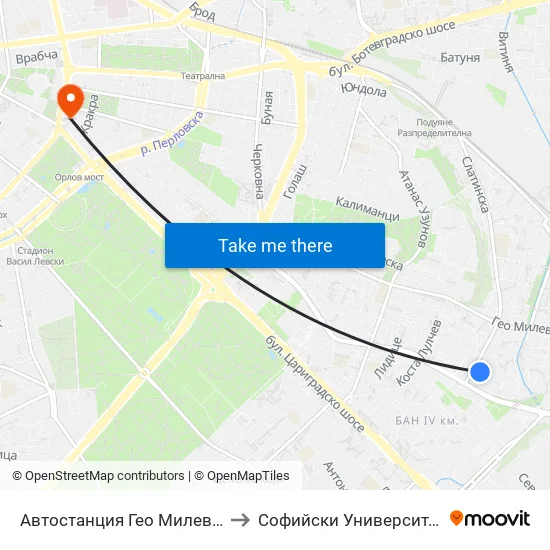 🚌 Автостанция Гео Милев / Geo Milev Bus Station (0053) to Софийски Университет “Св. Климент Охридски"" map