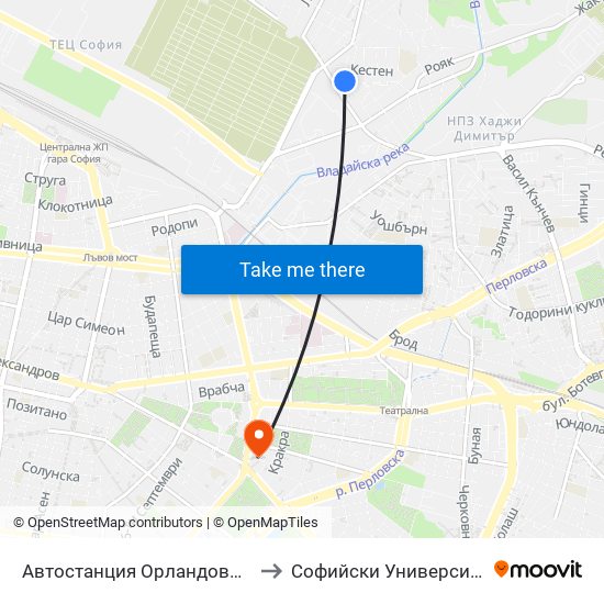 Автостанция Орландовци / Orlandovtsi Bus Station (0062) to Софийски Университет “Св. Климент Охридски"" map