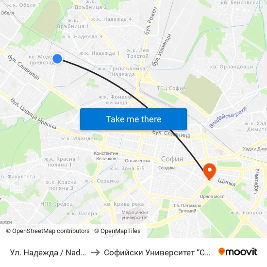 Ул. Надежда / Nadezhda St. (2051) to Софийски Университет “Св. Климент Охридски"" map