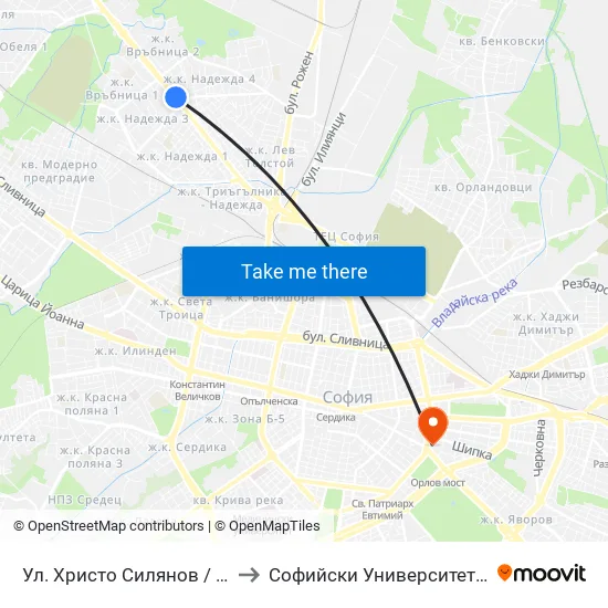 Ул. Христо Силянов / Hristo Silyanov St. (0331) to Софийски Университет “Св. Климент Охридски"" map