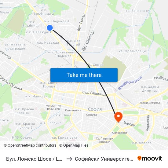 Бул. Ломско Шосе / Lomsko Shose Blvd. (0332) to Софийски Университет “Св. Климент Охридски"" map