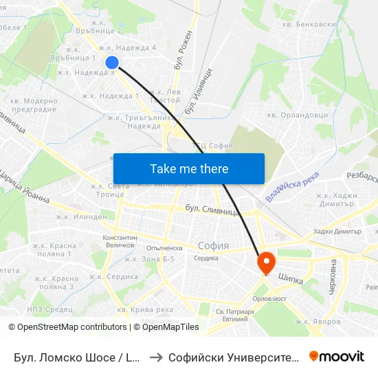 Бул. Ломско Шосе / Lomsko Shose Blvd. (0332) to Софийски Университет “Св. Климент Охридски"" map
