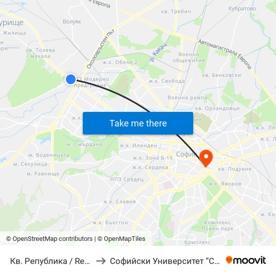 Кв. Република / Republika Qr. (2765) to Софийски Университет “Св. Климент Охридски"" map