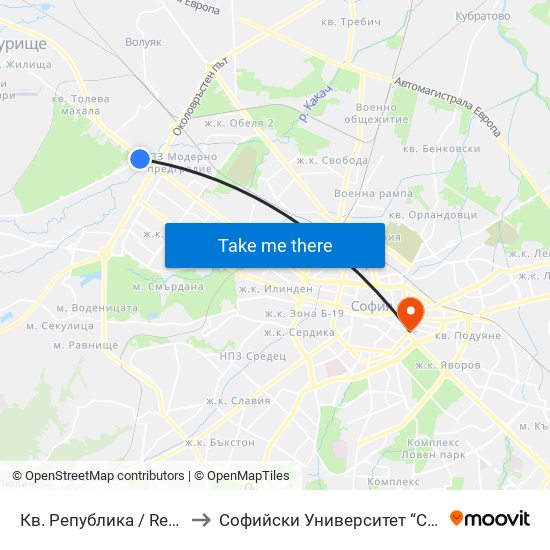 Кв. Република / Republika Qr. (0896) to Софийски Университет “Св. Климент Охридски"" map