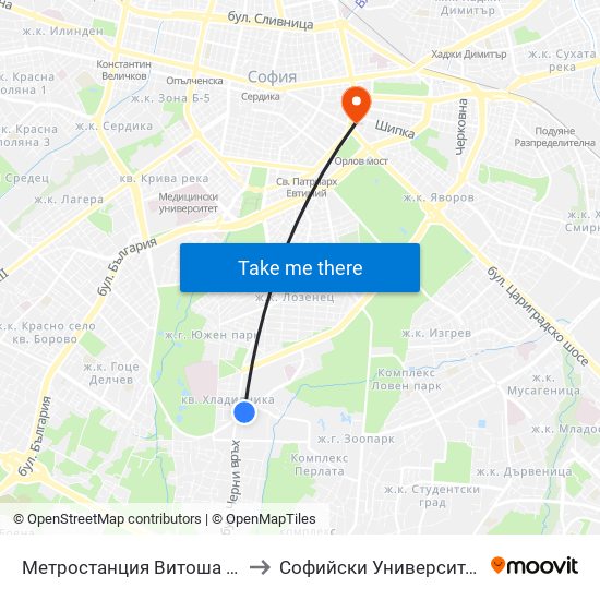 Метростанция Витоша / Vitosha Metro Station (0909) to Софийски Университет “Св. Климент Охридски"" map