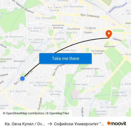 Кв. Овча Купел / Ovcha Kupel Qr. (0876) to Софийски Университет “Св. Климент Охридски"" map