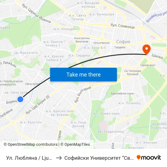 Ул. Любляна / Ljubljana St. (2037) to Софийски Университет “Св. Климент Охридски"" map