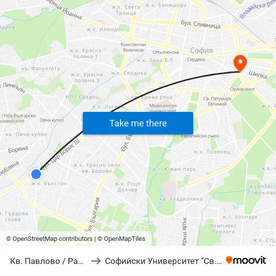 Кв. Павлово / Pavlovo Qr. (0889) to Софийски Университет “Св. Климент Охридски"" map