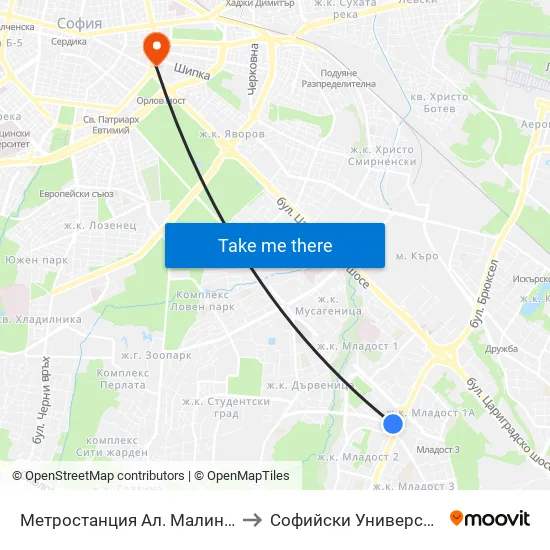 Ⓜ️ Метростанция Ал. Малинов / Al. Malinov Metro Station (0233) to Софийски Университет “Св. Климент Охридски"" map